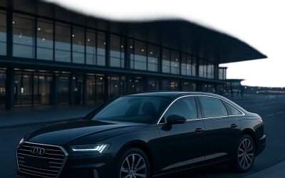 Illustration d’un taxi premium prêt à prendre en charge des voyageurs à l’aéroport Roissy-CDG. L’image évoque la ponctualité, la sérénité et la réservation à l’avance.