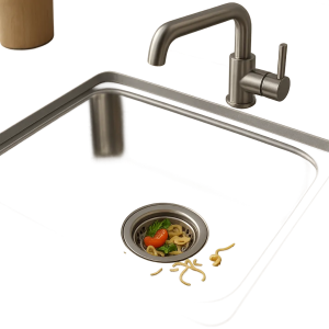 Une passoire d’évier retient les résidus alimentaires avant qu’ils n’entrent dans la canalisation. L’image illustre une cuisine propre, simple et pratique au quotidien.