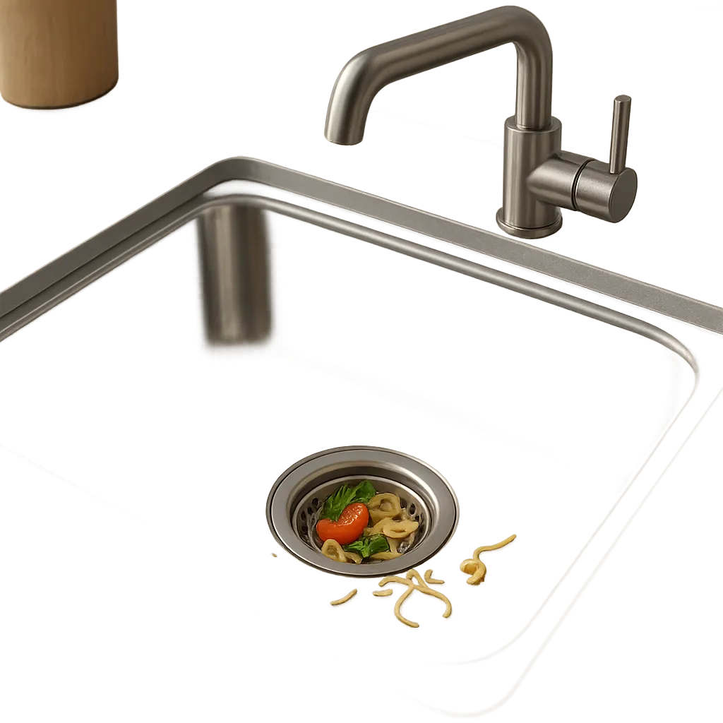 Une passoire d’évier retient les résidus alimentaires avant qu’ils n’entrent dans la canalisation. L’image illustre une cuisine propre, simple et pratique au quotidien.