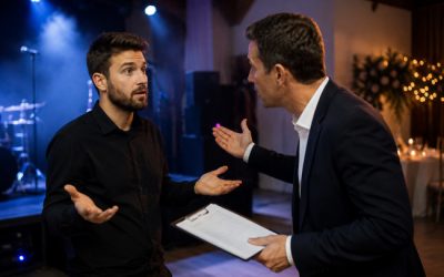 Organisateur et artiste discutant d’un désaccord concernant une prestation événementielle avant le début d’un spectacle