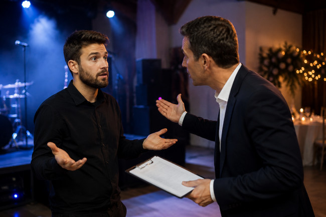 Organisateur et artiste discutant d’un désaccord concernant une prestation événementielle avant le début d’un spectacle