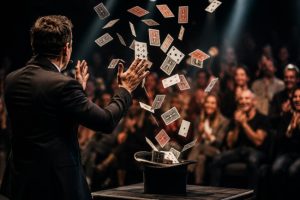Magicien réalisant un numéro spectaculaire avec des cartes en lévitation devant un public captivé lors d’un spectacle de magie sur scène.