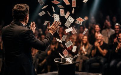 Magicien réalisant un numéro spectaculaire avec des cartes en lévitation devant un public captivé lors d’un spectacle de magie sur scène.