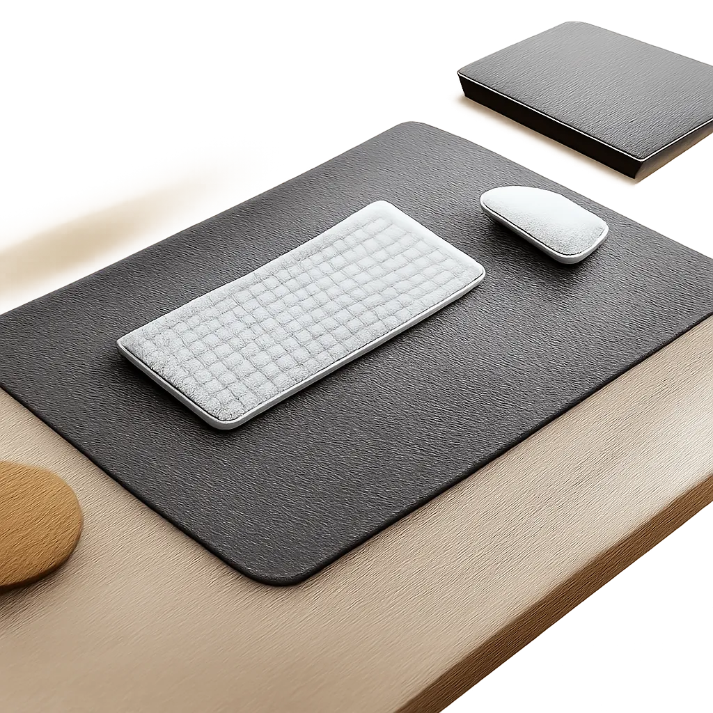 Une illustration d’un tapis de bureau haut de gamme dans un environnement de travail moderne et ordonné. L’image met en valeur le confort, la protection du plan de travail et la stabilité de l’espace de travail.