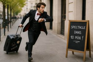 Artiste de spectacle en retard se dépêchant avec sa valise avant le début de sa représentation de magie