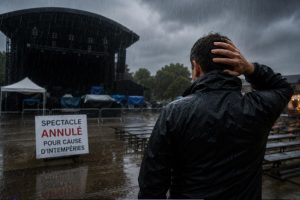 Scène extérieure sous une forte pluie avec une scène de spectacle vide et un organisateur confronté à l'annulation d'un événement pour cause d'intempéries