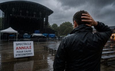 Scène extérieure sous une forte pluie avec une scène de spectacle vide et un organisateur confronté à l'annulation d'un événement pour cause d'intempéries