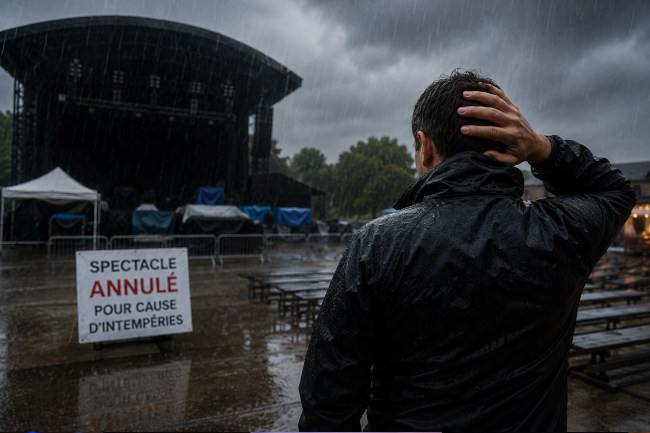 Scène extérieure sous une forte pluie avec une scène de spectacle vide et un organisateur confronté à l'annulation d'un événement pour cause d'intempéries